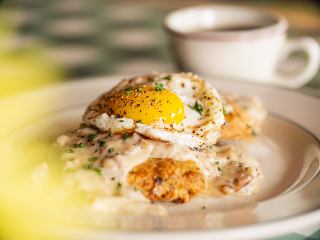 egg served alongside hot coffee at Waking Daisy in Brookfield