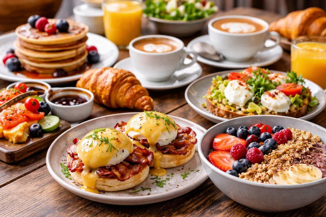 Scratch-made brunch with fresh breakfast dishes and artisan coffee on a café table