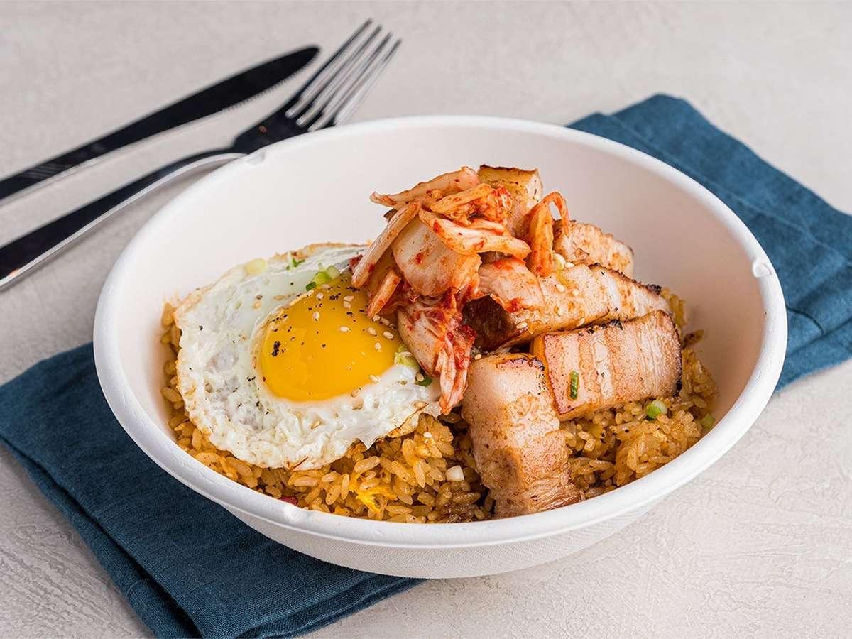 korean Breakfast Bowl with pork belly eggs and rice at Waking Daisy